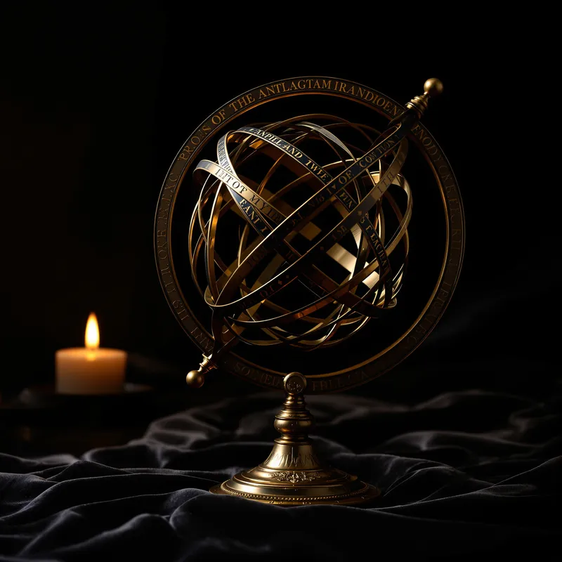 An antique brass armillary sphere on dark velvet