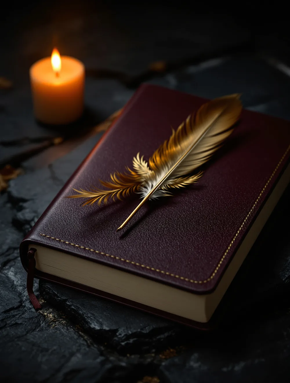 A burgundy leather journal with a golden phoenix, with a golden feather resting on it