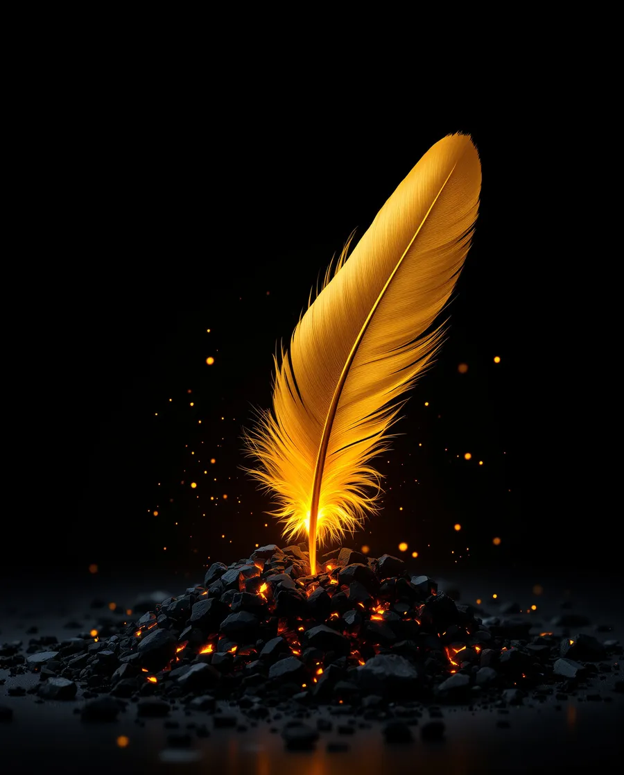 A golden feather rises from ashes and embers